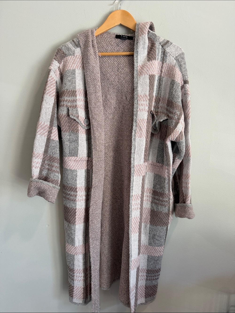 Plaid Hooded Open-Front Cardigan Sweater - Pink & Gray